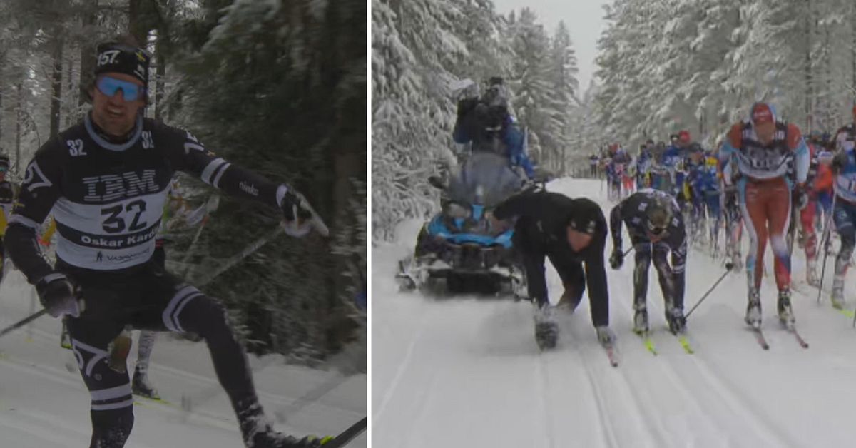 H&auml;r byter Oskar Kardin skida i farten under Vasaloppet