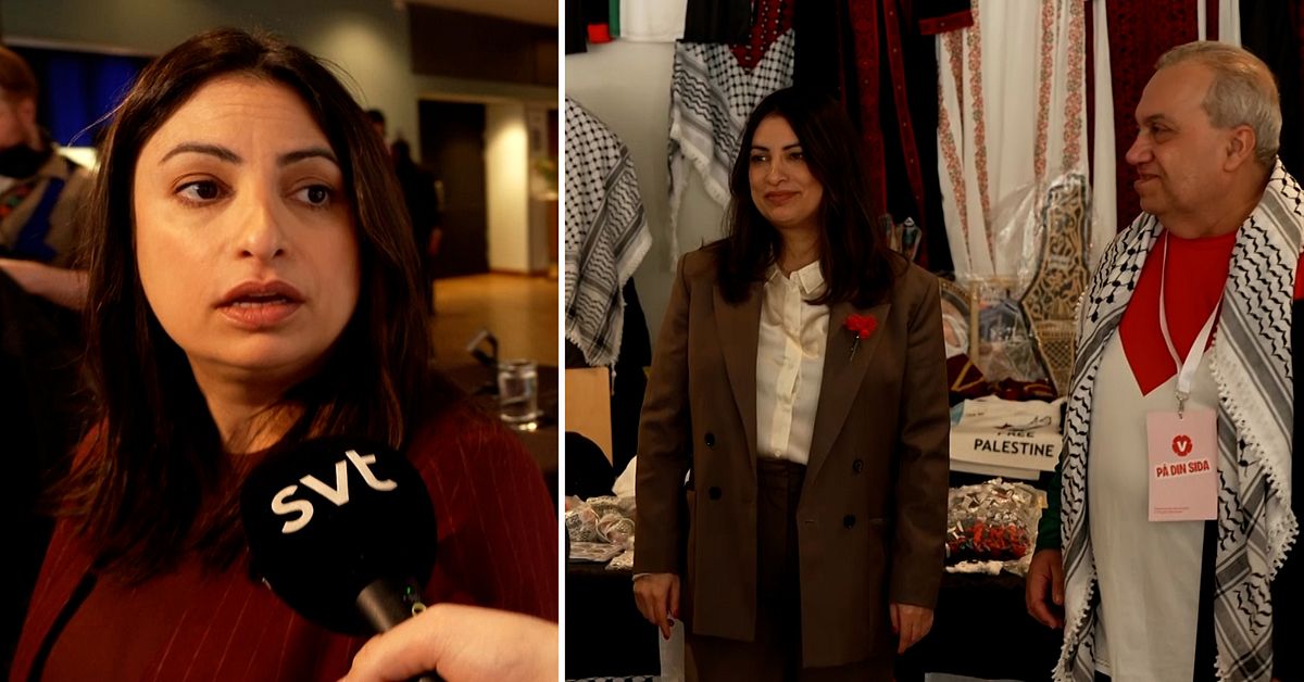 H&auml;r fotograferas Dadgostar intill kartor utan Israel p&aring; V-kongressen