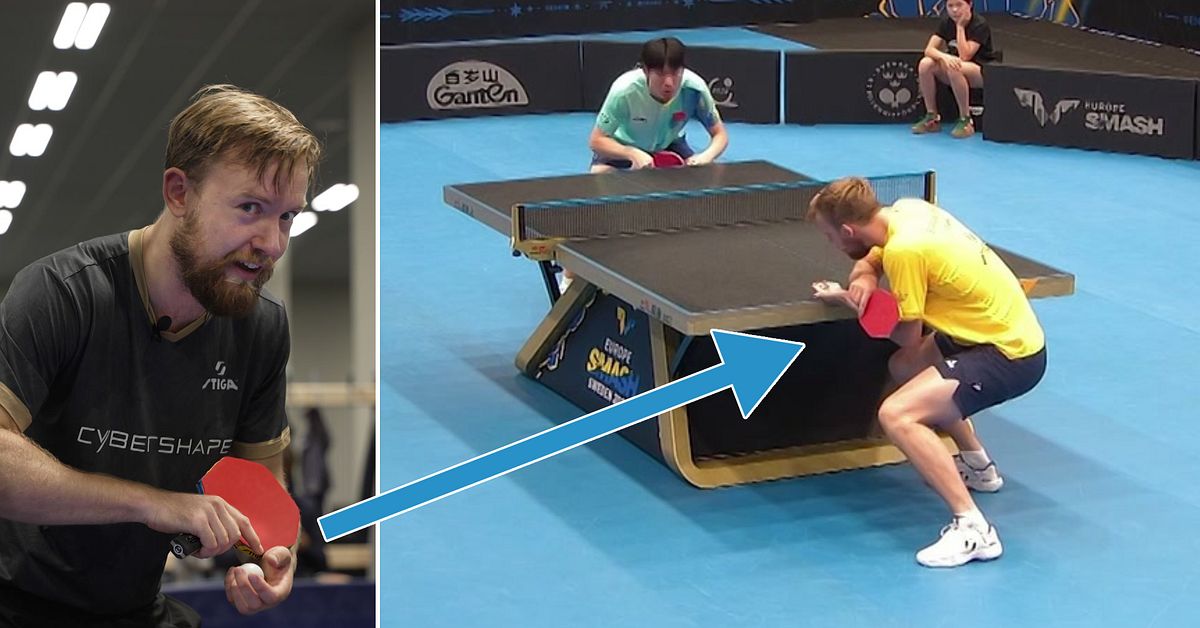 Elias Ranefur visar sin backhandserve som m&aring;nga fruktar i bordtenniseliten