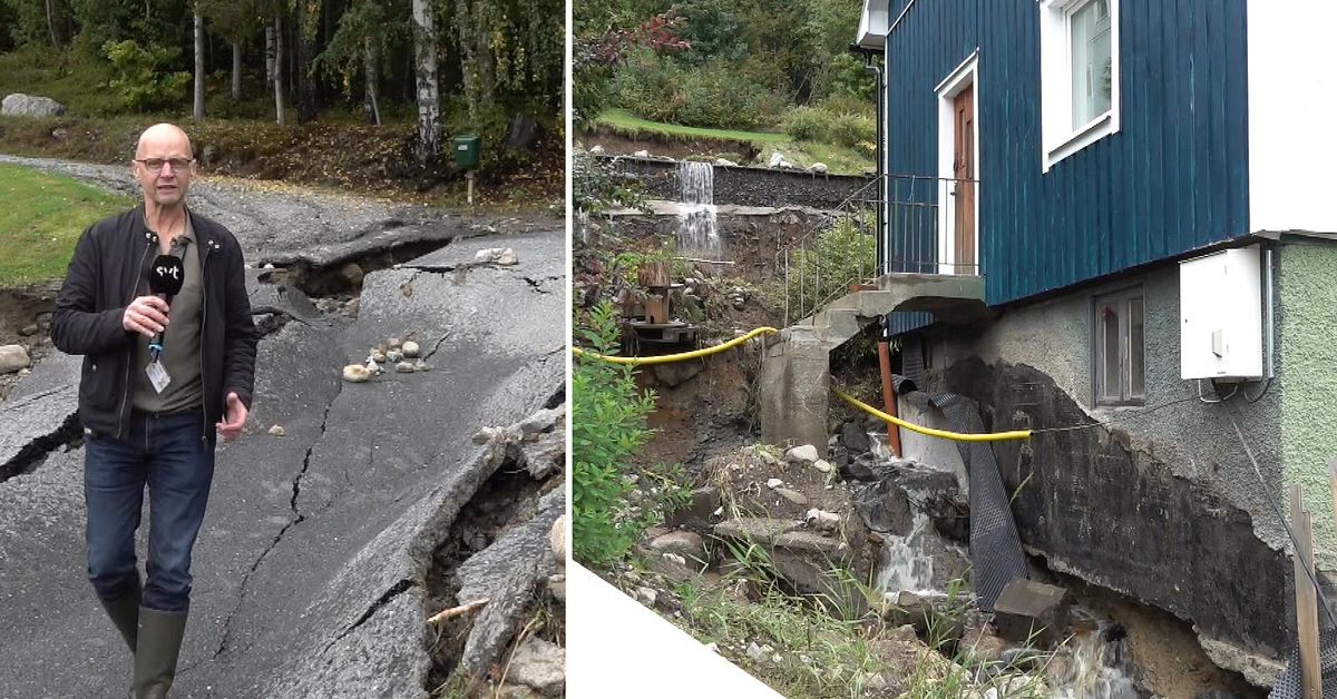 Se förödelsen efter skyfallen i bostadsområdet i Kramfors