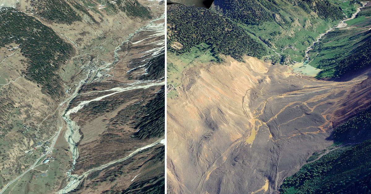 Satellitbilder visar hur skredet slukade byn i Alperna