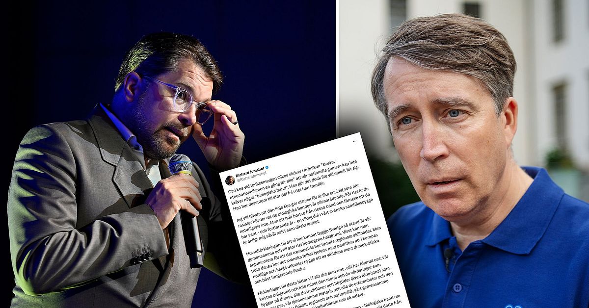 Richard Jomshof talar på scen bredvid ett dokument med kritik mot SD-ledningen