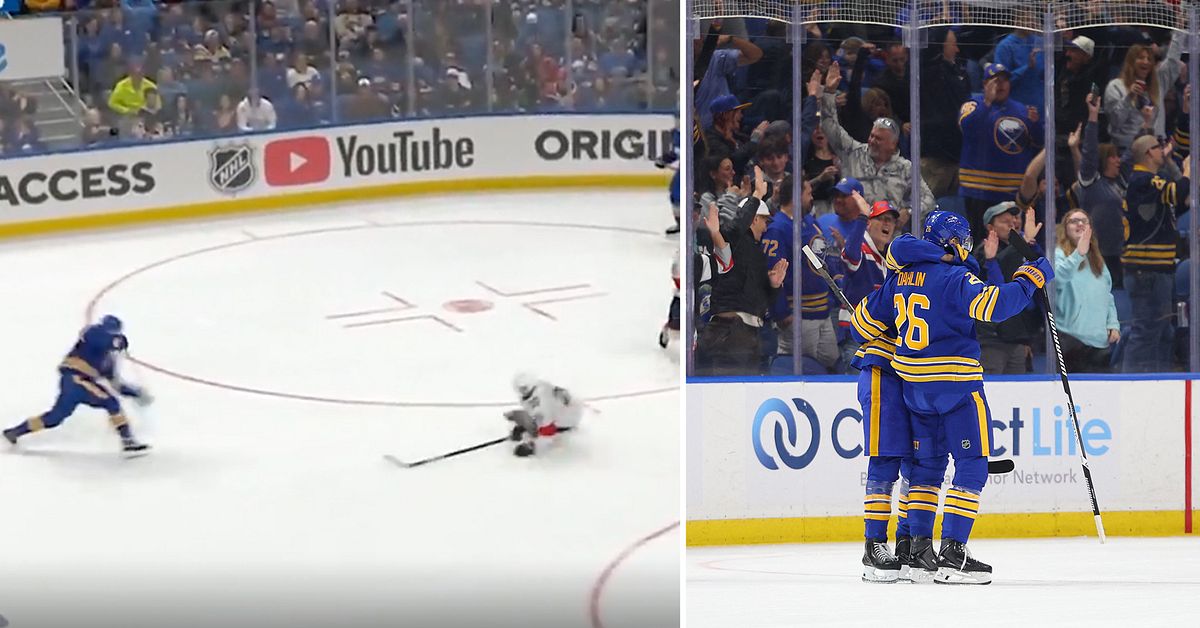 Rasmus Dahlin firar efter ett mäktigt slagskott för Buffalo