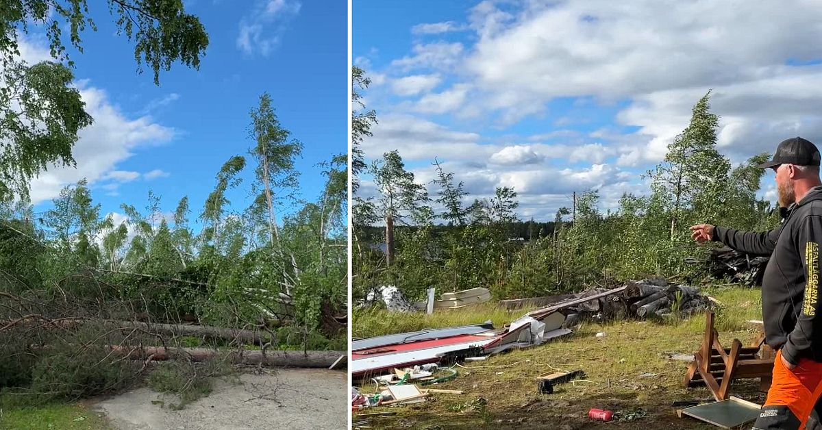 Se kaoset i byarna i Sorsele efter misst&auml;nkt tromb &ndash; husvagn fl&ouml;g upp till 50 meter