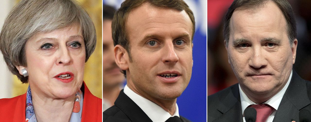 Theresa May, Emmanuel Macron och Stefan Löfven