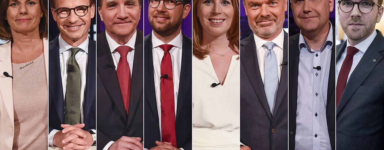 Isabella Lövin (MP), Ulf Kristersson (M), Stefan Löfven (S), Jimmie Åkesson (SD), Annie Lööf (C), Jan Björklund (L), Jonas Sjöstedt (V) och Andreas Carlson (KD) möts i debatt i riksdagen.