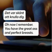 Texten visar två delar. Till vänster ser vi en hand som interagerar med en mobiltelefon. Till höger visas en mobiltelefon med en skärm som visar en app med en cirkulär graf och text. På vänster sida finns también text som uttrycker intima känslor och minnen.