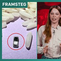 Tredelad bild. Till vänster: tabletter och mobil. I mitten: person talar. Till höger: spädbarn med andningshjälp.