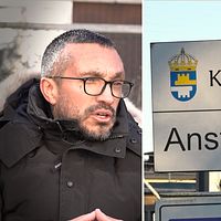 Delad bild. Till vänster: Person med uppsträckt hand. Till höger: Skylt för Anstalten Hall.