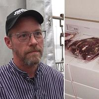 Tvådelad bild på slaktaren Christer Hammarström och förpackningar med björnkött.