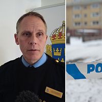 Polisområdeschef Lars Westermark samt avspärrning i centrala skellefteå