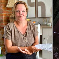 Kvinna sitter med armarna i kors och papper i ena handen. Tidigare deltidsbrandmannen Veronica Söderberg avslöjade Think Pinks miljöbrott i Skultuna utanför Västerås.