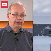 Tvådelad bild. Till vänster: Interiör med person. Till höger: Snötäckt Northvolt-byggnad.