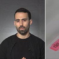 Delad bild: reportern Alberto Lozano – ung man i svart tröja mot grå bakgrund, tittar i kameran. Samt närbild på penna som markerar texten ”rätt till umgänge” på ett papper