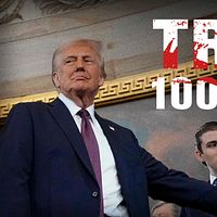 Donald Trump skakar hand, texten ”TRUMP 100 DAGAR” syns i bakgrunden.