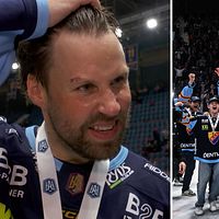 Delad bild. Vänster: ishockeyspelare med medalj. Höger: lag firar med pokal på isen.