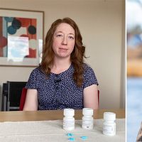 två porträtt: Marianne Melander – kvinna som sitter vid bord med pillerburkar, samt Danijel Lukic – man i kavaj som står utomhus