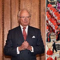 Tvådelad bild. Vänster: Man i kostym med händerna ihop. Höger: Begravningsprocession i kyrka.