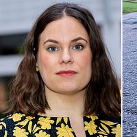Till vänster Felicia Danielsson, presskommunikatör på Trafikverket och till höger en vägskada i asfalten.