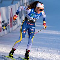 Tvådelad bild. Vänster: skidåkare i aktion. Höger: närbild av skidtävlingskläder.