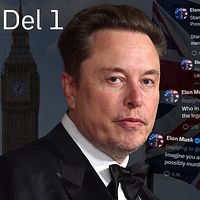 Tvådelad bild. Vänster: Big Ben. Höger: Elon Musks tweets mot brittiska flaggor.