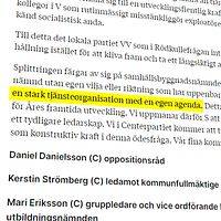 Till vänster är en bild på en en artikel som Centerpartiet i Åre kommun skickat in till en tidning. Till höger en bild på centerpolitikern Daniel Danielsson som har på sig en vit skjorta.