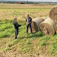 en reporter, Greta Hansson Vikström, och länsstyrelsen Dalarnas miljömålssamordnare Viktor Tsiamis, står vid höbalar vid en åker och pratar.