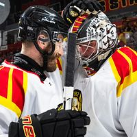 Delad bild. Till vänster: två ishockeyspelare, den ena är målvakt. Till höger: person i tränarjacka.