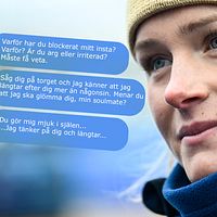 Delad bild. Vänster: chattmeddelanden om en relation. Höger: kvinna med gul mössa och hörlurar.