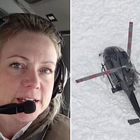 Delad bild. Till vänster: person med headset. Till höger: helikopter i snötäckt landskap.