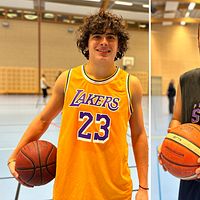 Två manliga northvoltarbetare står i idrottshallen och spelar i KFUM Basket i Skellefteå