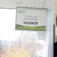 Bild på skolkontorets skylt och en kvinna i kort hår och glasögon som tittar in i kameran.