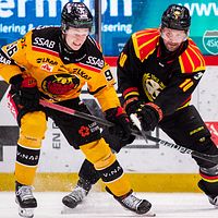 Luleås Pontus Andreasson och Brynäs Johan Larsson under ishockeymatchen i SHL