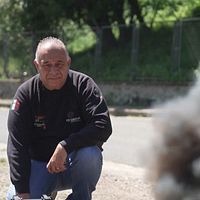 En person hukar utomhus intill en stig med rökmoln i förgrunden.