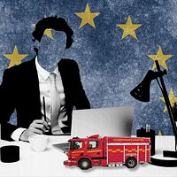 Grafik över EU-flagga, tjänsteman vid ett skrivbord, och en liten brandbil