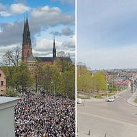 Delad bild. Till vänster: studentmössa över folkmassa i Uppsala. Till höger: tomt torg.