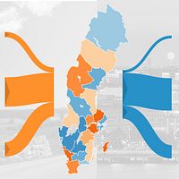 Kartbild över Sverige med regionerna i olika nyanser av orange och blå för att symbolisera flyttströmmar.