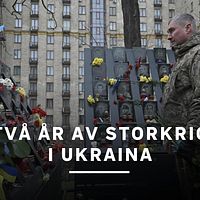En ukrainsk soldat vid en minnesplats.  – Två år av storkrig i Ukraina