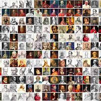 Collage av många historiska porträtt av påvar målat och tecknat, både i färg och svartvitt.