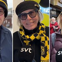 Tre stycken Skellefteå AIK-supportrar i svartgula mössor och halsdukar