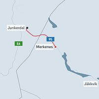 Karta över vägen mellan Merkenes och Junkerdal