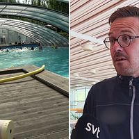 En tvådelad bild. Till vänster en pool och till höger en bild Johan Sundqvist, från Svenska simförbundet, när han intervjuas.