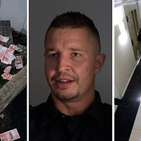 Bild på kontanter på marken. Bild på polisens insatsledare Niclas Lundström. Bild på en man inne i en hotellkorridor från en övervakningskamera.