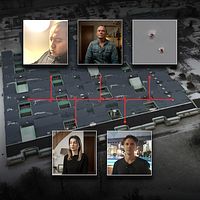 Femdelad bild. Central bakgrund: byggnadens tak. Övre delen: två personer och en objektbild. Nedre delen: två personer.