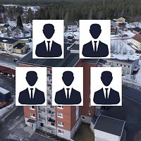 Drönarbild över Nordmaling och fem manliga silhuetter