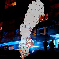 Karta över Sverige som visar var skjutningar skett i Sverige år för år.
