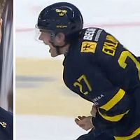 Delad bild. Till vänster en person i kostym, till höger en ishockeyspelare i svart-gul tröja.