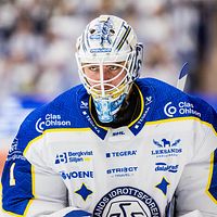 Tvådelad bild. Till vänster: person i mörk tröja. Till höger: hockeymålvakt i blåvit utrustning.