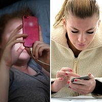 Tredelad bild. Vänster: personer med mobiler. Mitten: en person använder mobil i säng. Höger: person med mobil.