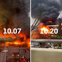 Tre bilder på branden och klockslagen 10.05, 10.07 och 10.20